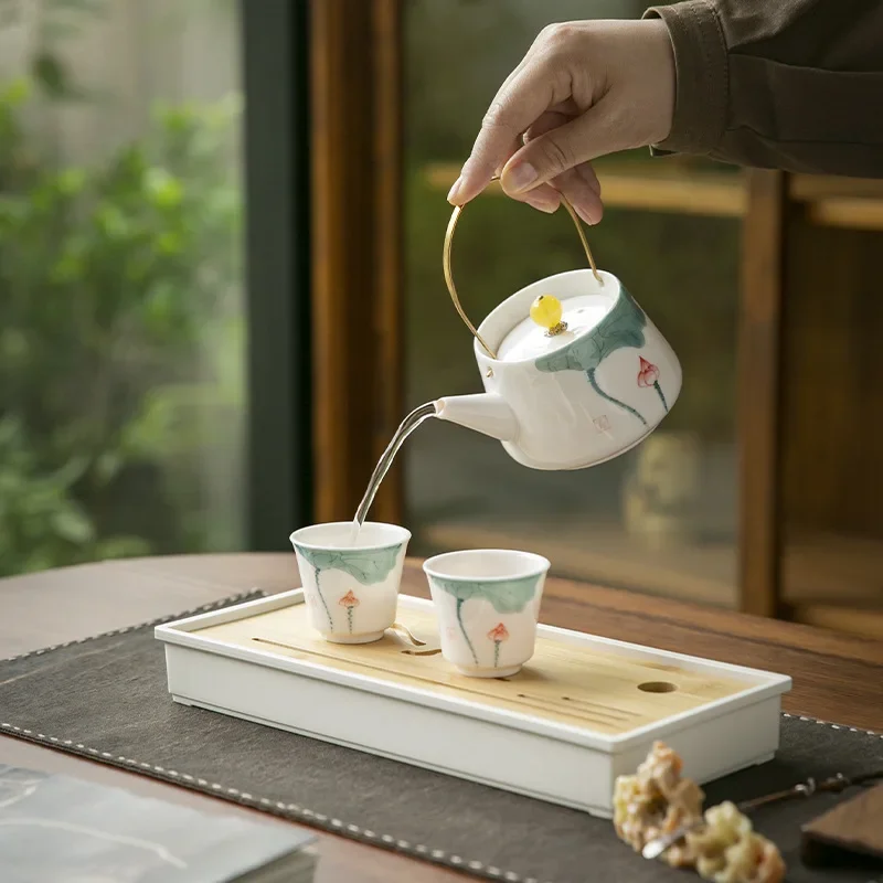 Hand-painted Lotus Tea Set Home One Pot Two Cups Small Set Kung Fu Portable Travel Simple Dry Brew Small Tea Tray Gift Tool Set