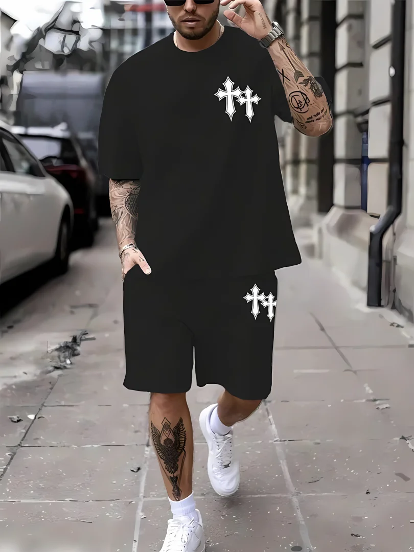 

New men's summer two-piece set men's T-shirt top shorts set men's round neck T-shirt loose casual