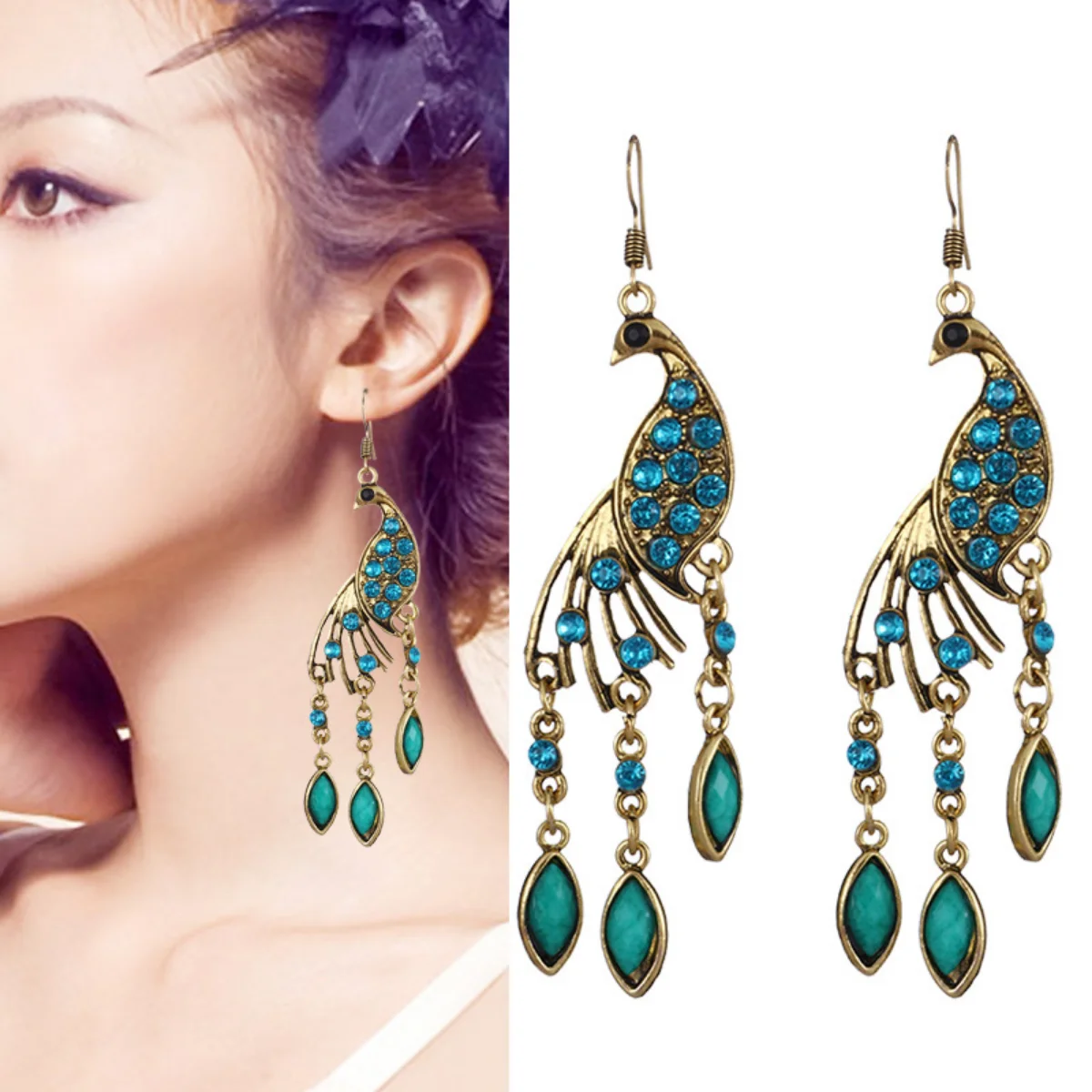 Peacock Retro Texture Hole Green Long earrings animal elements women's jewelry wonderful diverse peacock open screen ear studs