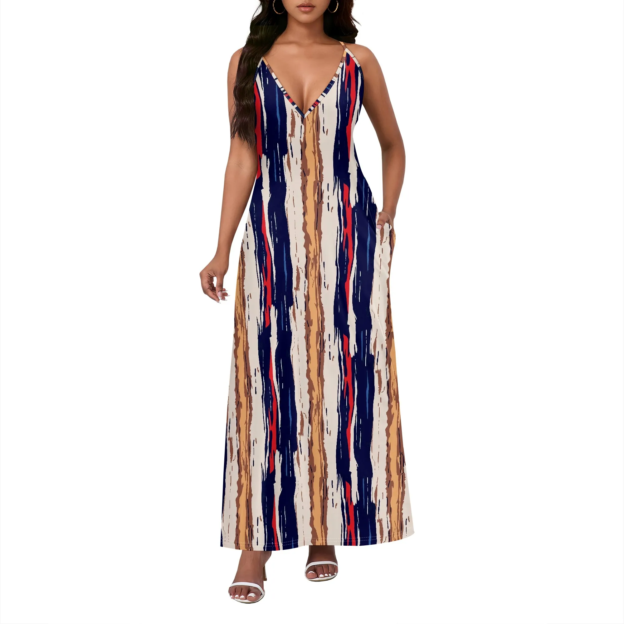 

Summer Striped print pattern Halter Maxi Dress for Women Sexy V-neck Sleeveless Style with Pockets Casual Elegant