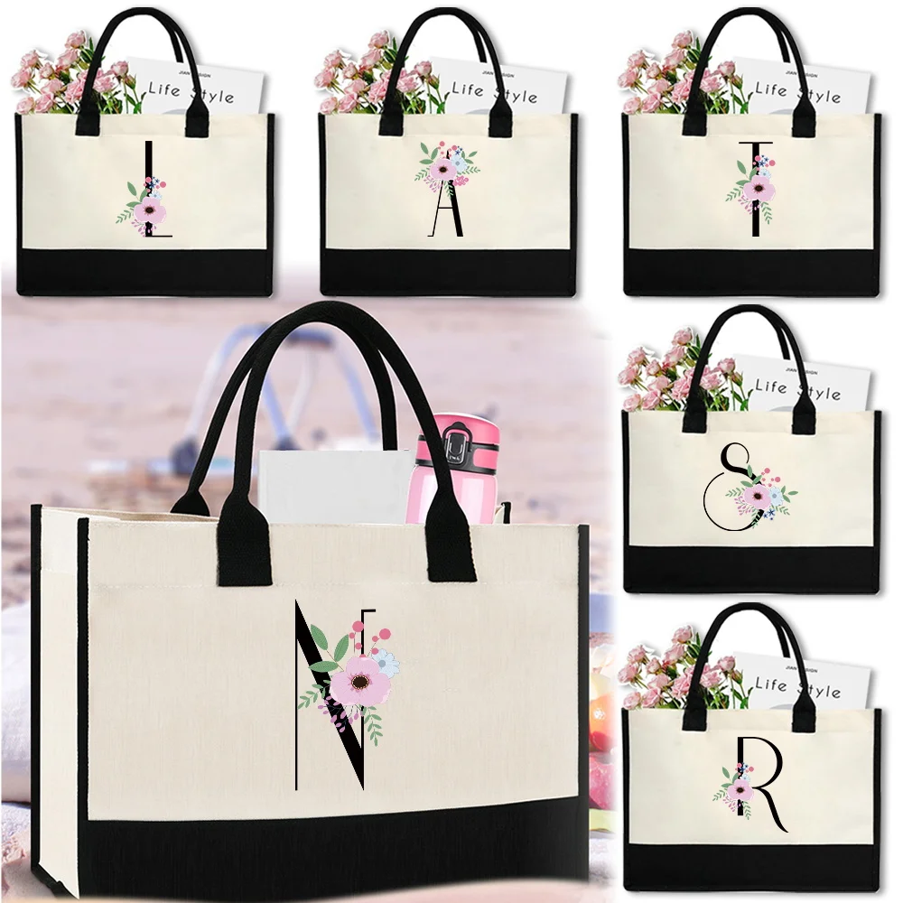 

Commuting Bags Canvas Bag Reusable Vintage Jute Bags Handbag Simplicity Imitation Sacks Flower and Black Print Tote Storage Bag