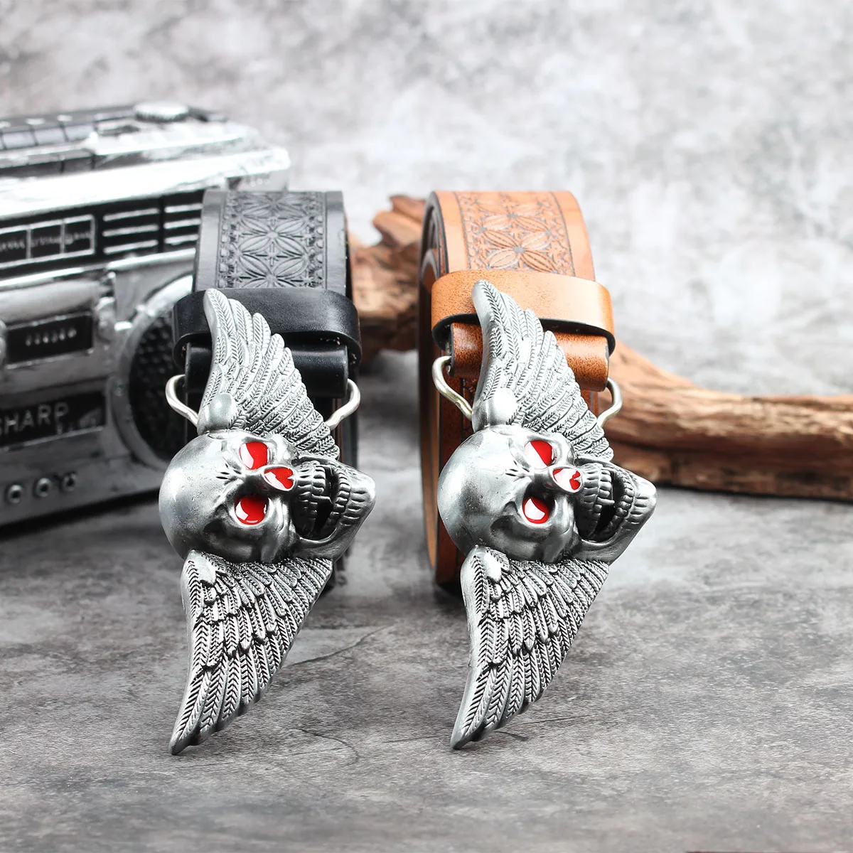 Eagle Winged Red Eyed Skull3.7cm wide men's and women's Western bull head denim style bull scalprendy belt smooth buckle