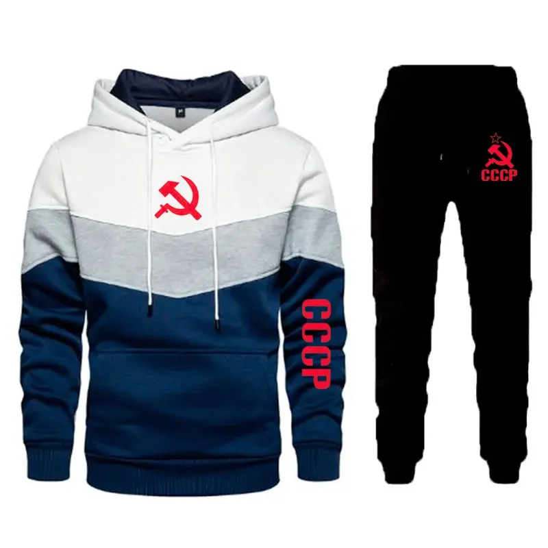 

New Men Tracksuit 2 Pieces Men's Winter pullover Hoodies Casual CCCP USSR Soviet Union Sportswear+Pants Sweatshirt Sports Suit