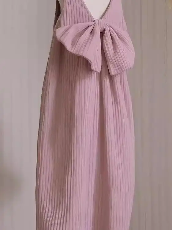 

plus Size Velvet Dress with Bow Knot V-Neck Sleeveless Women's Spring Autumn Casual High Waist Princess Dress