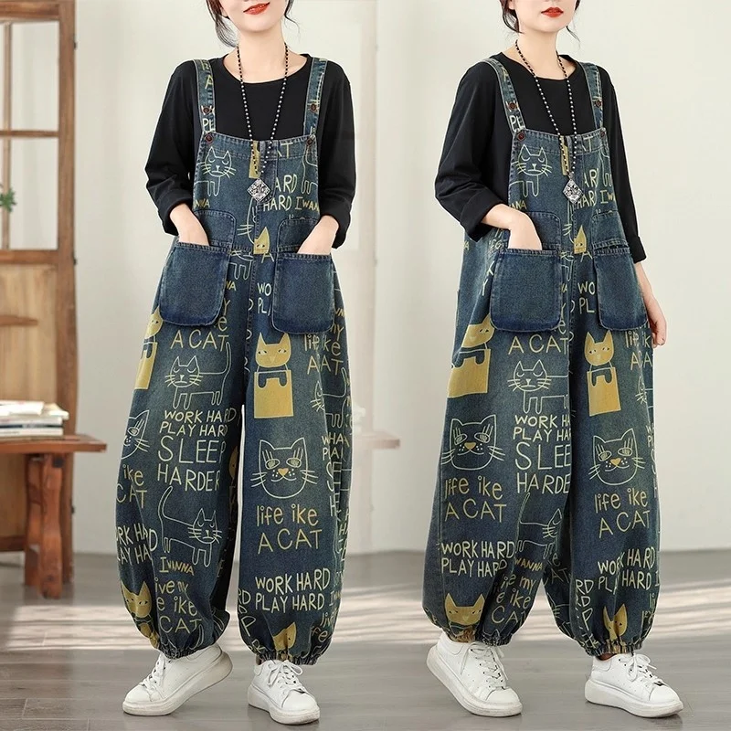 

Women's Winter Jumpsuit Thickened Fleece Denim Pants Loose-Fit Casual Fashion Artistic Versatile Printed Harem Dad Jeans w1546