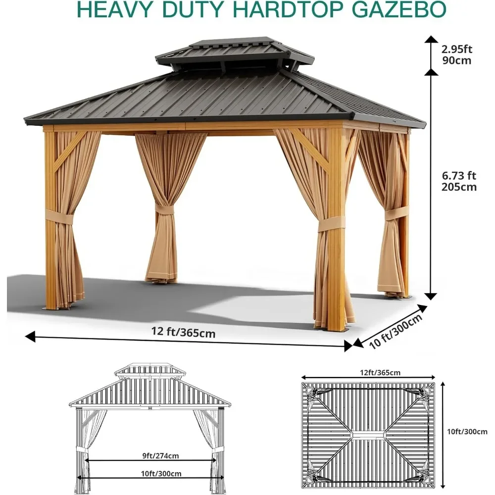 10x12 Foot Double Roof Hardtop Pergola, Heavy-duty Galvanized Steel Hardtop Pergola with Mesh and Curtains