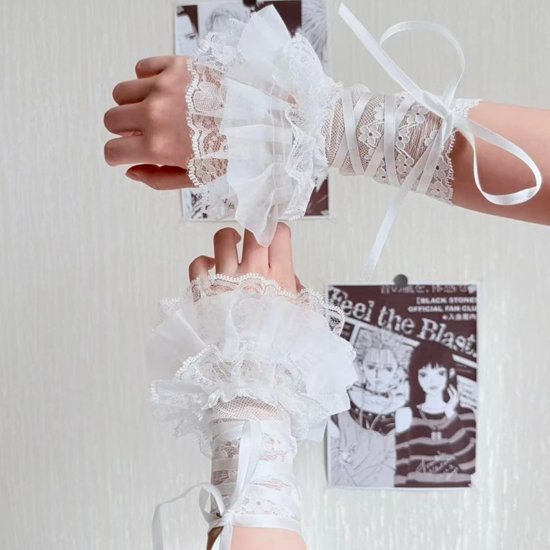 Esmalte de uñas con pantalla de Color, encaje Sexy con tiras, mangas acampanadas falsas decorativas, puños desmontables dulces para chica, accesorio para fotografía artística de uñas