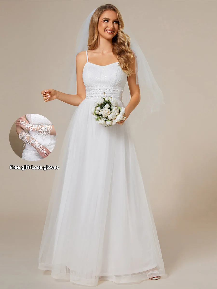 

Elegant Wedding Dresses Maxi Long Sequin Tulle Sleeveless Floor-Length 2024 Ever pretty of A-line White Prom Women Formal Dress