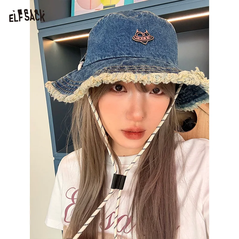 

Винтажная джинсовая панама ELFSACK с необработанным краем, универсальная, для повседневной носки, с ветрозащитным шнурком и защитой от солнца, для женщин