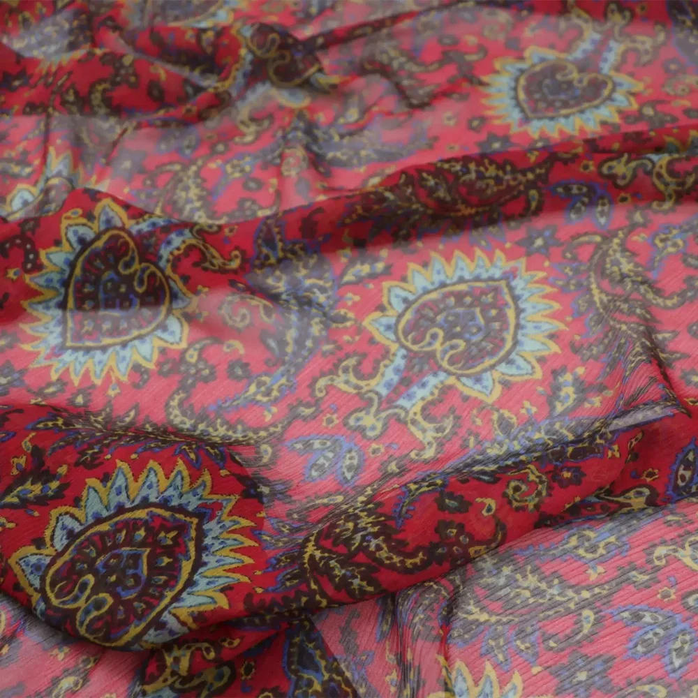 Hermosa tela de crepé de seda transpirable con estampado étnico Paisley, suave para vestidos, camisas y pañuelos de verano para mujer y hombre.