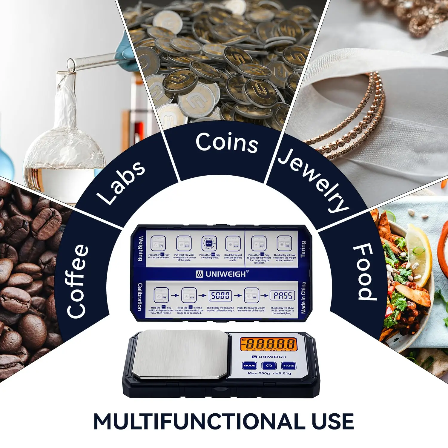 مقياس جرام الجيب الرقمي 200 جرام/0.01 جرام مع 6 وحدات، مقياس المجوهرات، مقياس العملات المعدنية مع شاشة LCD بأوزان 50 جرام، وظيفة الفارغة