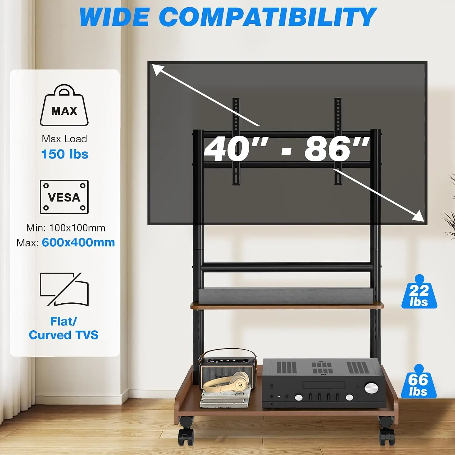Heavy Duty Rolling TV Stand with Wheels for Most 40-86 Inch TVs up to 150lbs, Height Adjustable Mobile TV Stand with Shelf