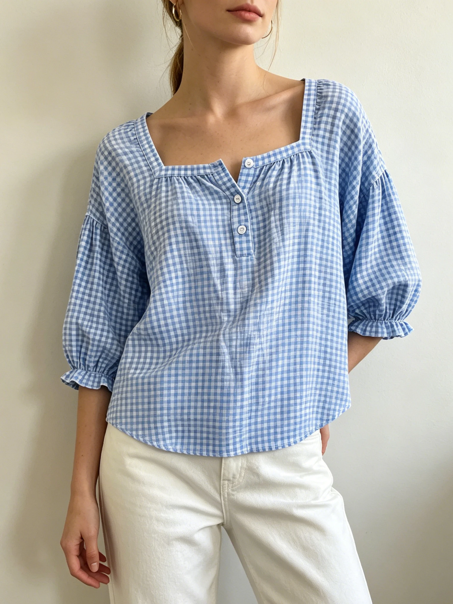 Casual Daily Square Collar Tops Half Button Lantern Elastic Cuff Ladies Blouse grid pattern Shirts view 5