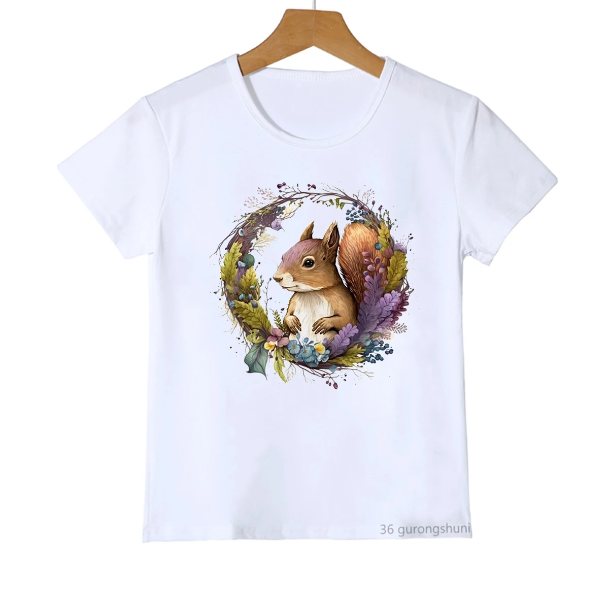 New Kids Tshirt Cute Squirrel With Wreath Heat Fall Animal Print Tshirt For Girls Fashion Harajuku Boys Girls Universal Clothing