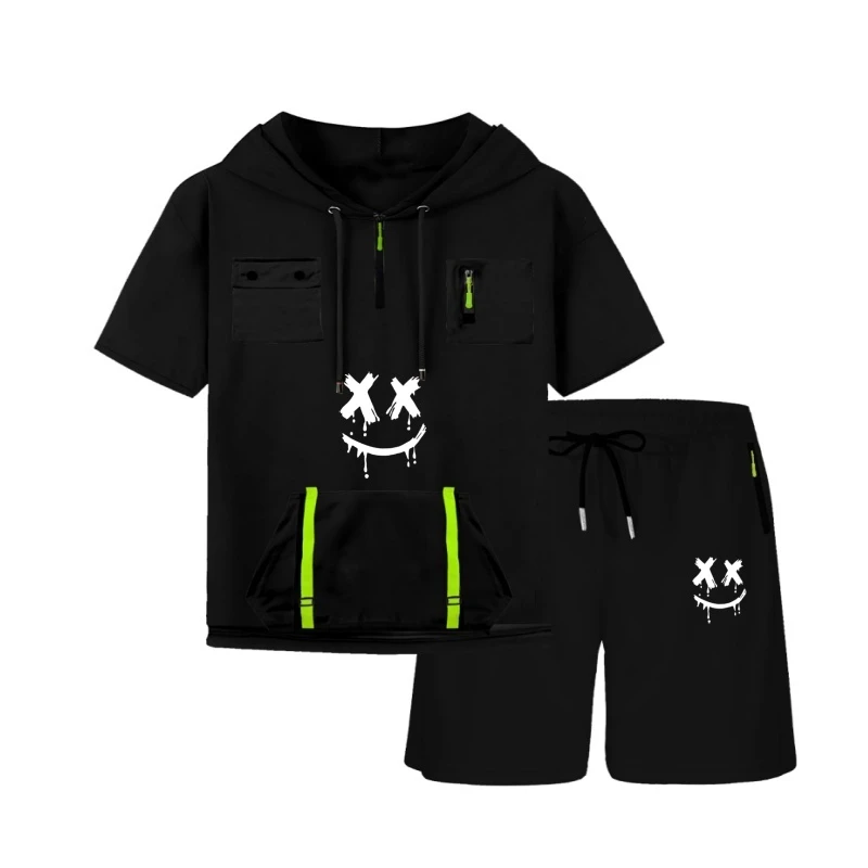 

2025 fashion Hooded T-shirt Men's Summer Loose Daily Couple Suit Outdoor Street Short Sleeve Shorts Two Piece Men Summer Suit