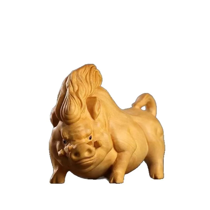Hand‑Carved Boxwood Wild Boar Figurine, Chinese Zodiac Pig Solid Wood Hand Piece, Pocket Worry Craft, Home Desktop Ornament