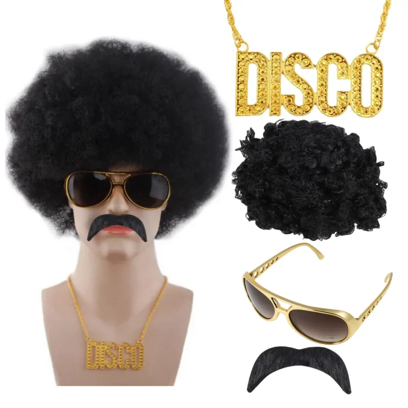 Erwachsene Hippie synthetische Perücke Hut Set lustige Disco Hippie Party Cosplay Dress Up Kostüm Requisiten Haar Sonnenbrille Halskette Schnurrbart 4PCS