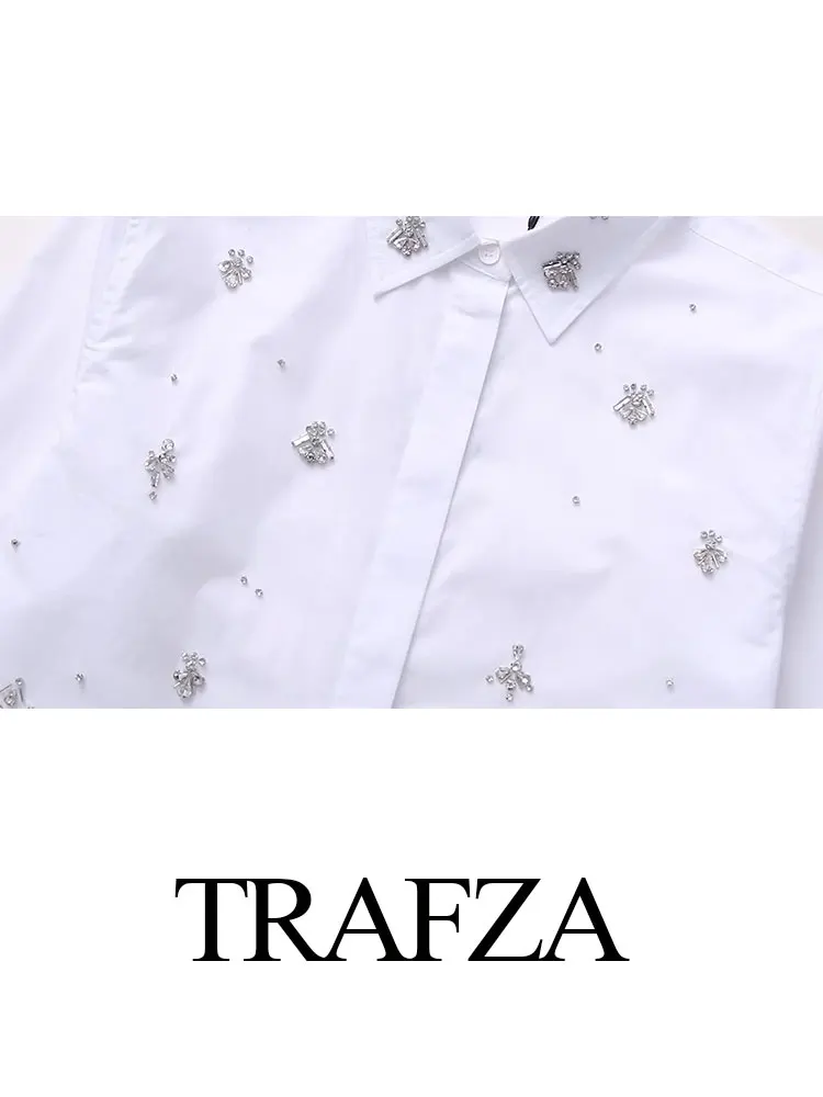 Imagem -05 - Trafza-camisa Slim Feminina com Gola Virada para Baixo Blusas Vintage Decoração de Bijuterias Camisas Femininas Simples Moda Outono 2023