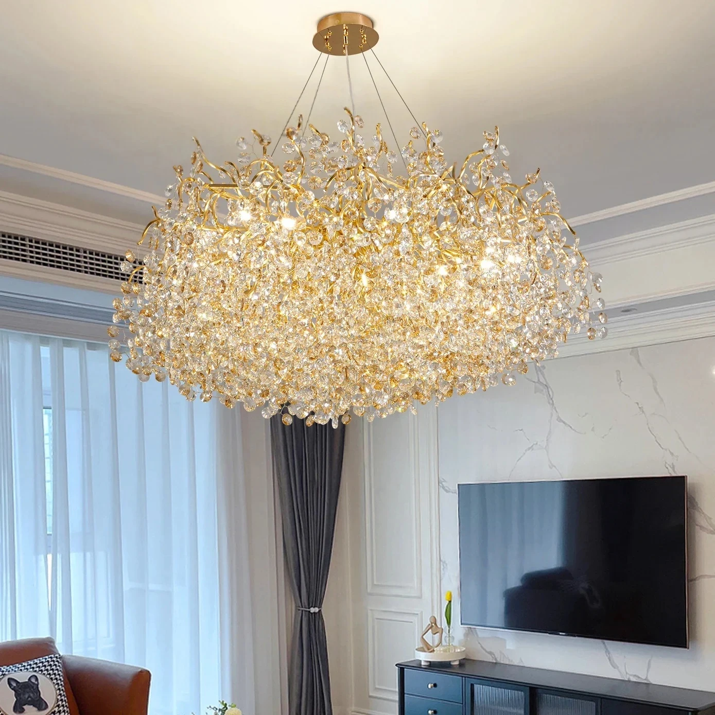 Luxury Modern Round K9 Crystal Pendant Chandelier Above Dining Table Living Room Tree Branch Crystal Ceiling Chandelier Bedroom