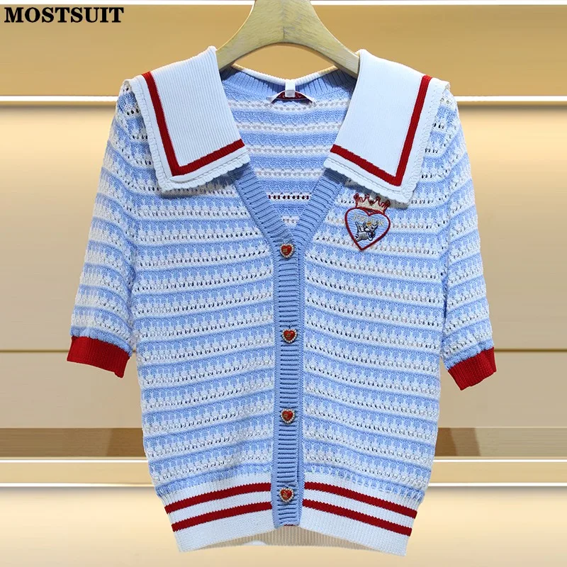 

Stylish Hollow Striped Knit Cardigan Sweater For Women 2024 Summer Sailor Collar Short Sleeve Single-breasted Ladies Knitwear