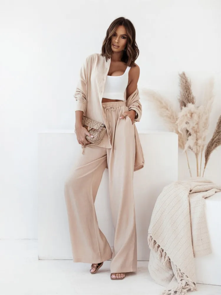 Spring Summer New Women's Clothing Solid Color Casual Fashion Button Long Sleeved Lapel Tie Waist Cinched Pants Loose Suit