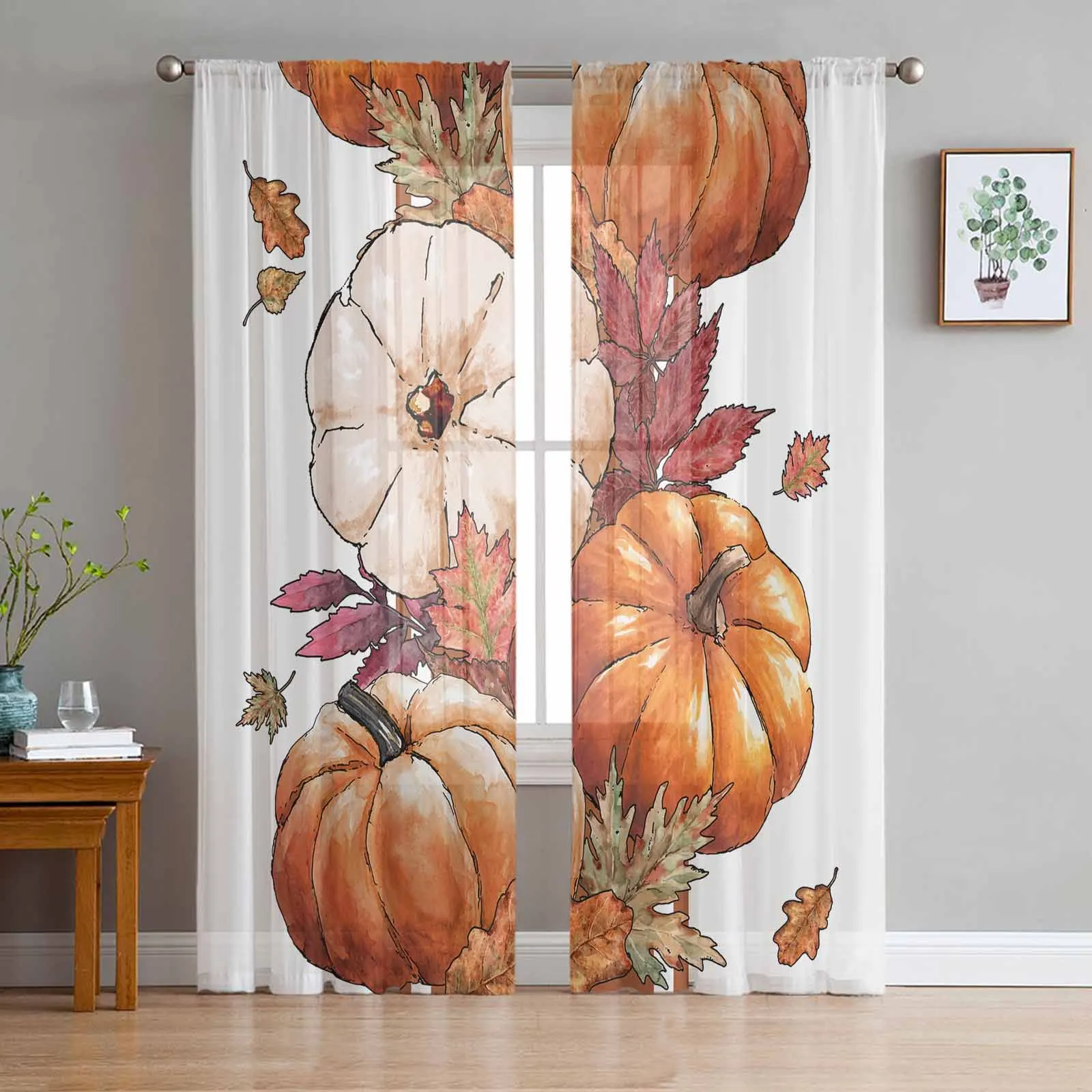 Autumn Thanksgiving Pumpkin Maple Leaves Tulle Curtains for Living Room Bedroom Sheer Voile Curtain Home Decor Kitchen Curtain