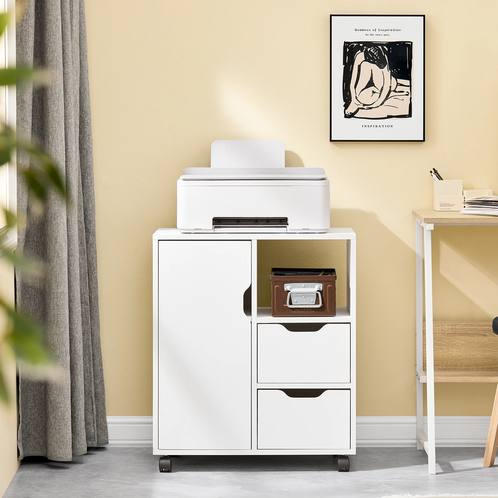 SoBuy FBT105-W Druckertisch mit 2 Schubladen und 1 Tür Aktenschrank Rollcontainer Bürowagen Beistellwagen Bürocontainer weiß – Detail 3