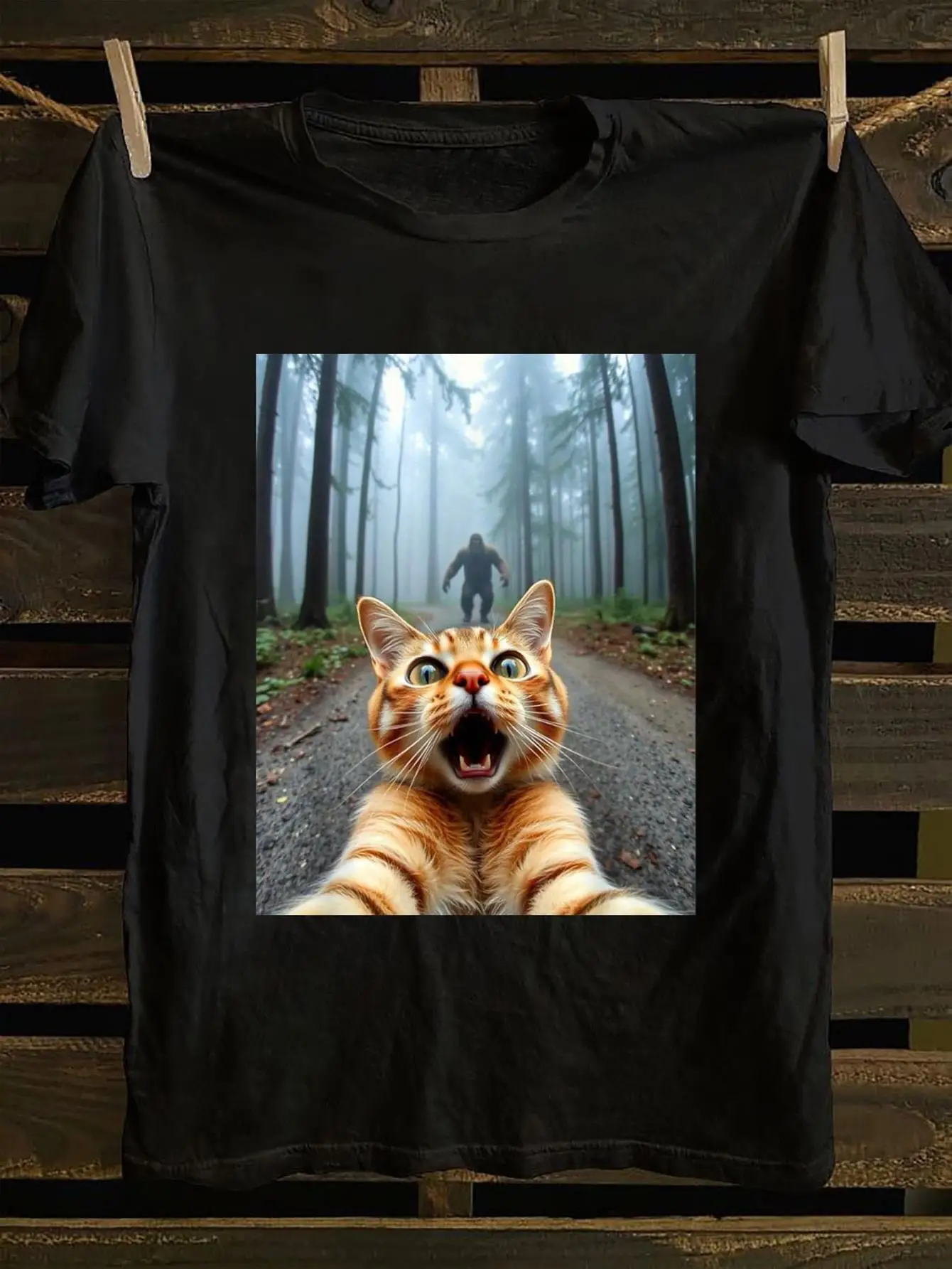 Black Casual Loose T-Shirt with Surprised Cat Selfies, Misty Forests, and Eerie Silhouettes - Perfect for Cat Lovers, Halloween Costumes, and Everyday Wear, Plus Size