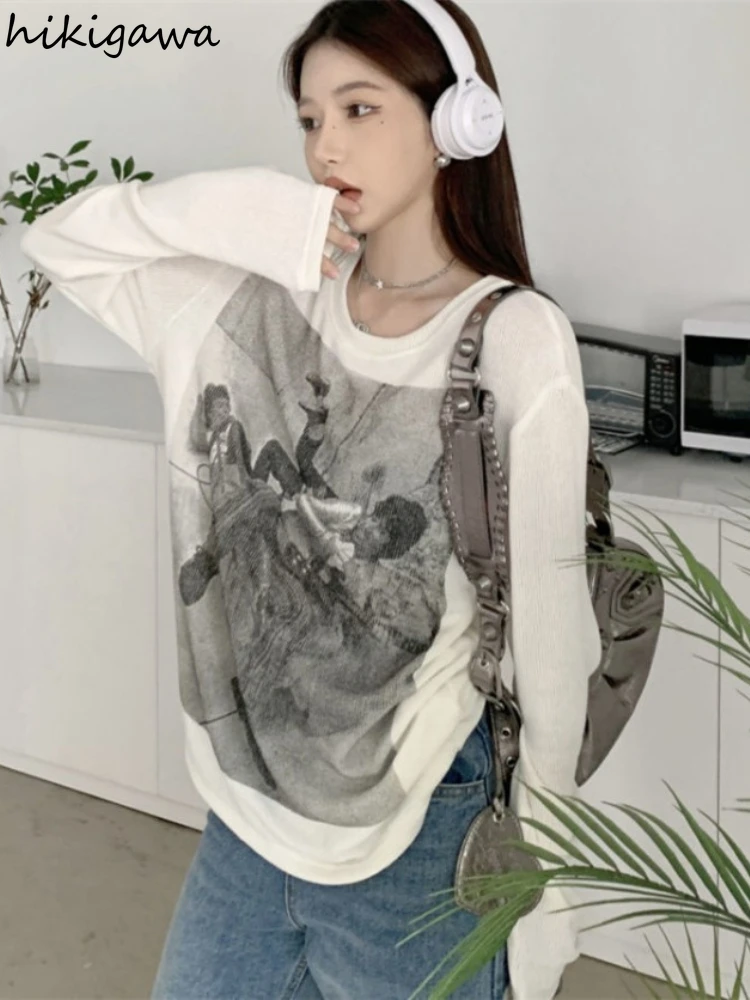 White Tshirts Women Clothing Long Sleeve Print Summer Tees 2023 Ropa Mujer Casual Knitted T Shirt Fashion Korean Y2k T-shirt