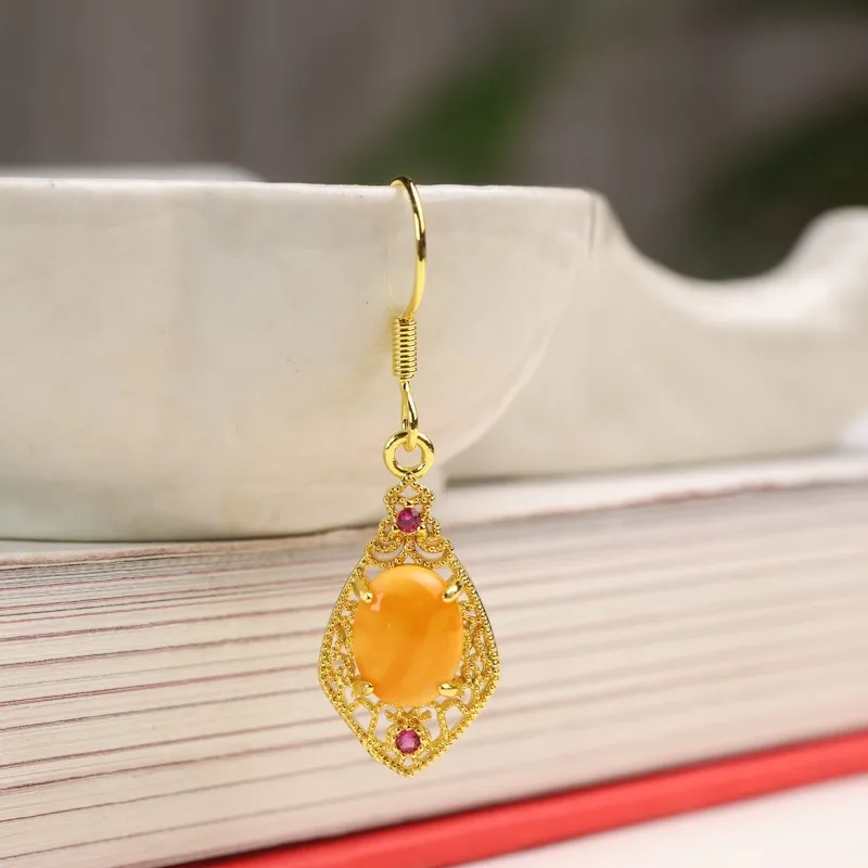 Natural Amber Earrings Women Healing Gemstone Fine Jewelry 100% Genuine Baltic Amber Ruby Dangle Earring Girlfriend Mom Gifts