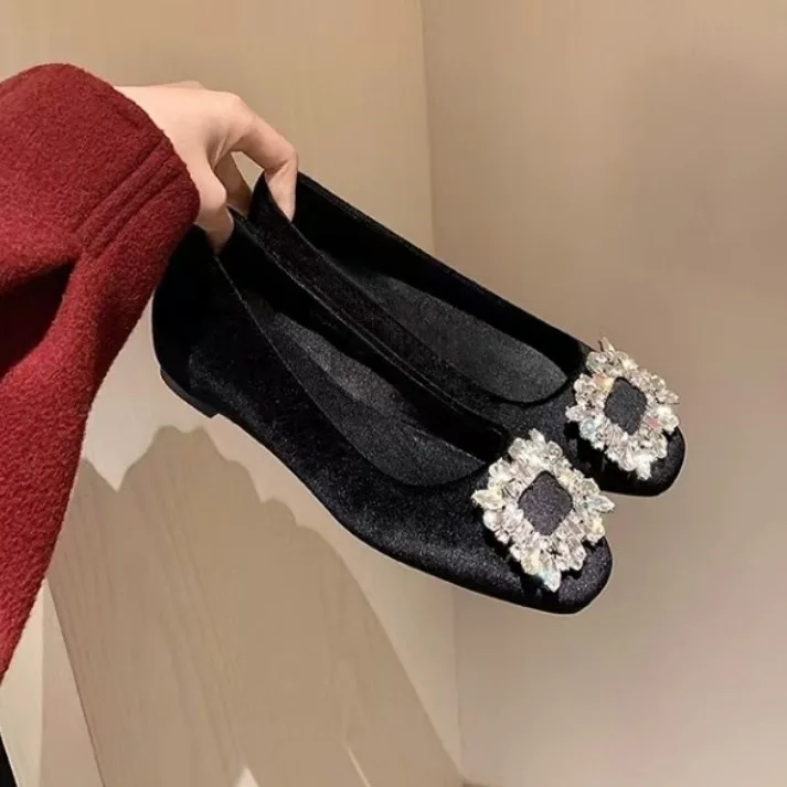 

Fashion Rhinestone Square Button Slip-On Flat Shoes for Women Spring/Summer New Women's Shallow Mouth Square Head Wedding Shoes