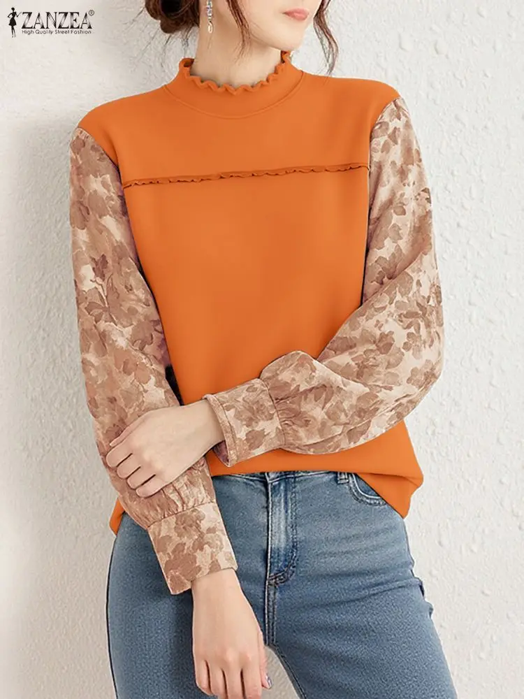 2025 ZANZEA Autumn Office Blouse Stylish Work Shirt Women Long Sleeve Floral Printed Tops Stand Neck Work Blusas Female Chemise