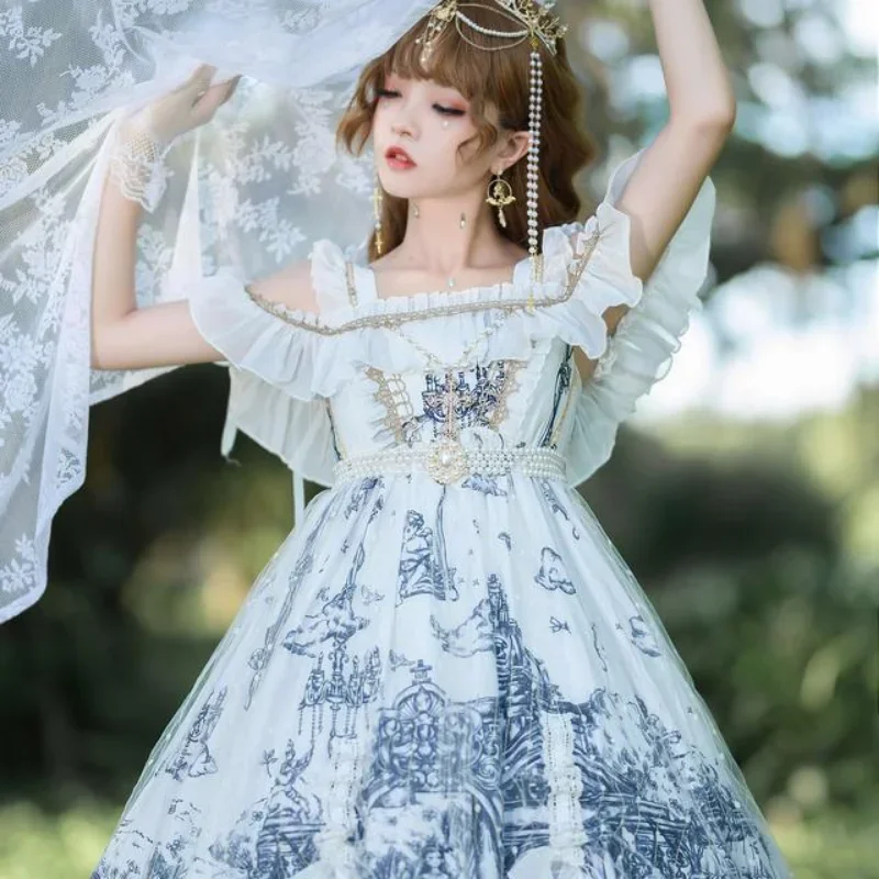 Vestido japonés victoriano Lolita Jsk para mujer, vestido gótico Retro con tirantes, estampado de princesa funeraria oscura, vestido de fiesta de té para niña dulce