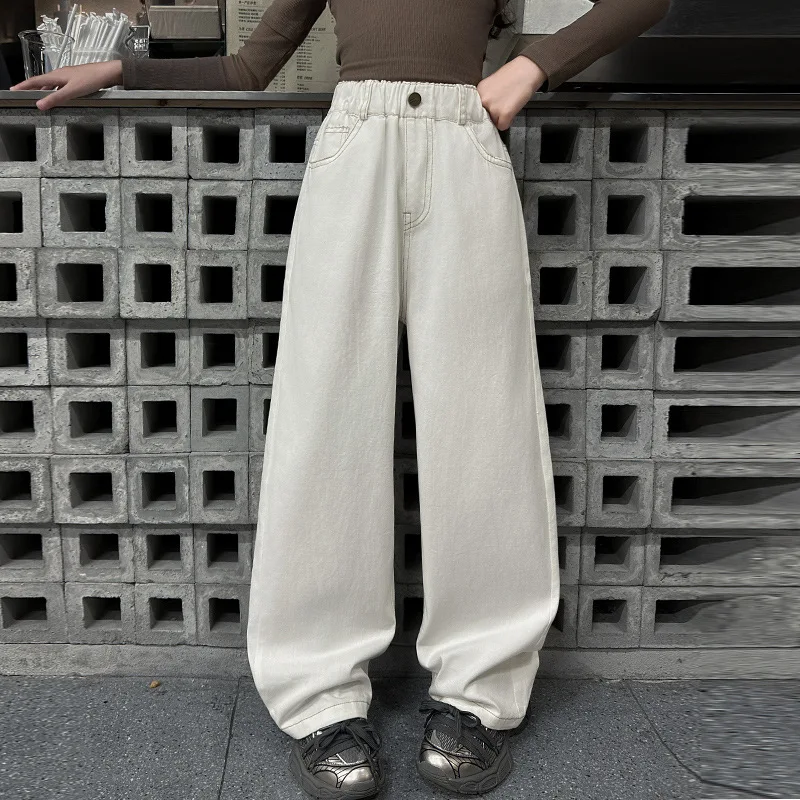 

School Girls Pant Autumn New Simple Solid Casual Teenager Girls Pant Button Elastic Waist Children Girls Straight Leg Pant