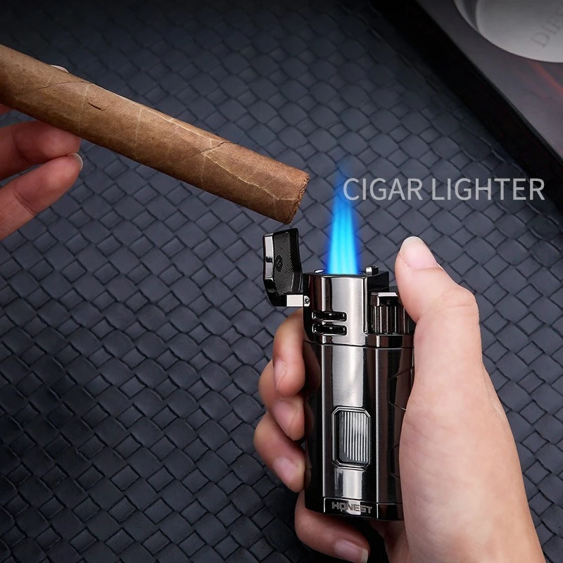 Honest Metal Multifunctional Outdoor Windproof Butane Lighter Turbo 3 Torch Blue Flame Straight Tube Cigar Lighter Men's Gift