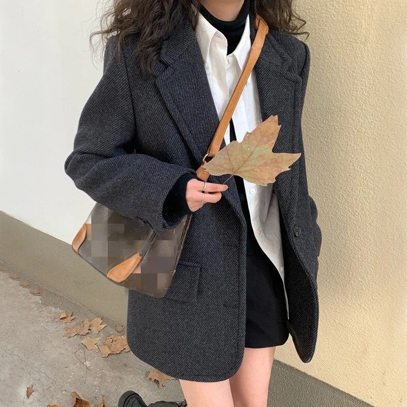 Retro Faux Woolen Blazer Women Fall Winter Casual Twill Thick Warm Loose Suit Coat Vintage Office Lady Button Outwear Tops New