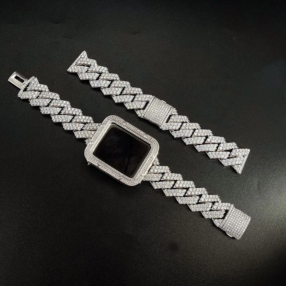 Moissanite Appl* Watch Strap and Cover Set 38mm 40mm 44mm Full S925 Silver Diamond Can Pass Diamond Tester Wrist Hand Chain GRA