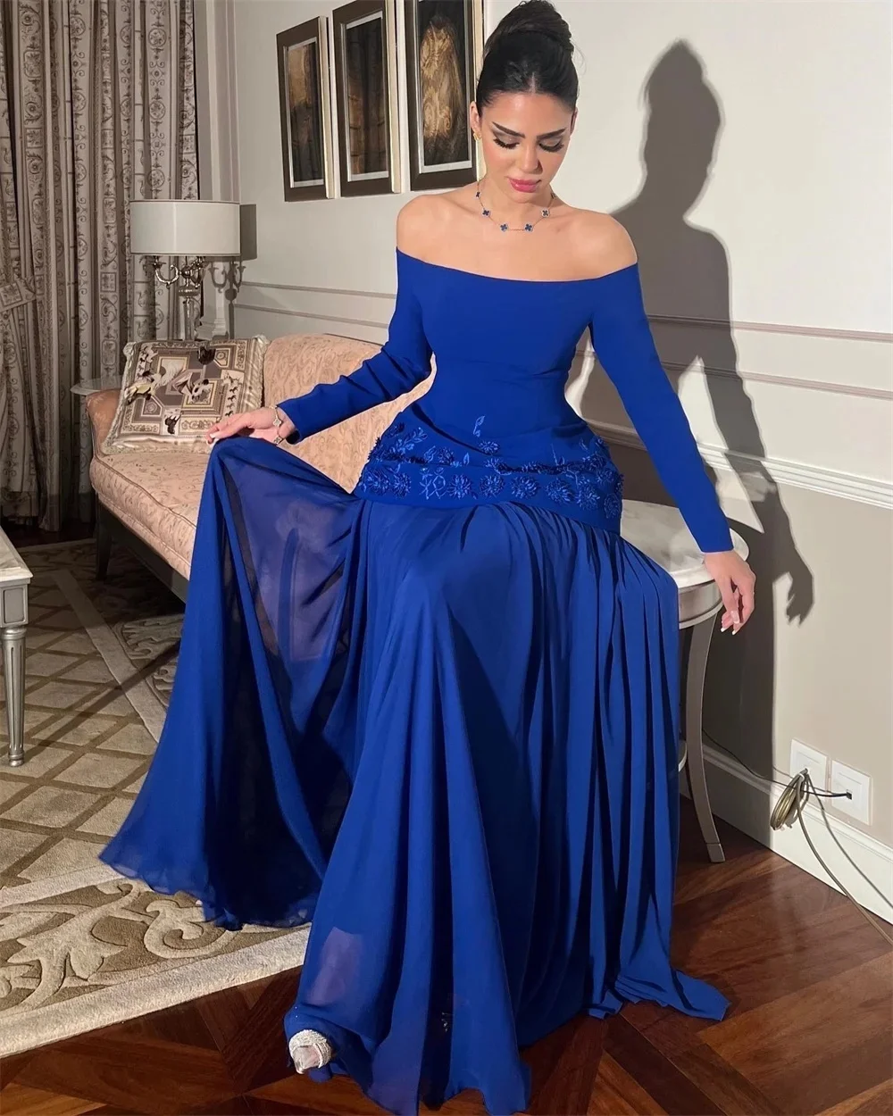 

Royal Blue Long Sleeves Bespoke Occasion Gown Evening Dresses Prom Pastrol Unisex Jersey Retro Dubai Saudi Arabic Customized