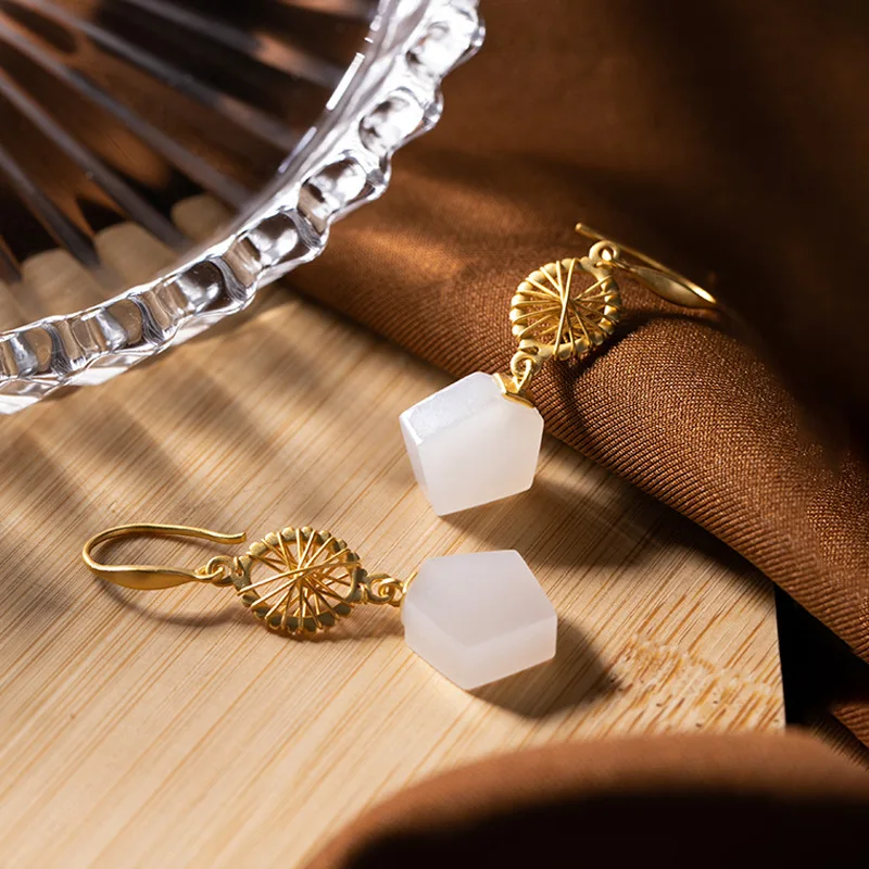 

Ancient gold craft hollow inlay natural Hotan Jade geometric earrings for women Classic design Chinese style jewelry gift
