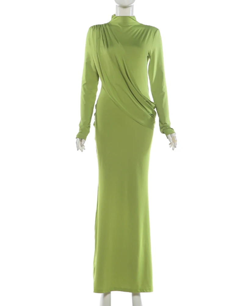 Weird Puss Ruches Elegantes Abendkleid für Damen mit Halbhoher Kragen, Rückenfrei, Langen Ärmeln, Party-Stil, Hoher Taille, Langes Bodycon-Kleid – Detail 3