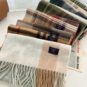 Chic Design Soft WARM ผ้าพันคอผู้หญิงฤดูใบไม้ร่วงฤดูหนาวคลาสสิกอังกฤษเลียนแบบผ้าพันคอแคชเมียร์ผู้ชายลายสก๊อตความร้อนพู่ผ้าคลุมไหล่คู่