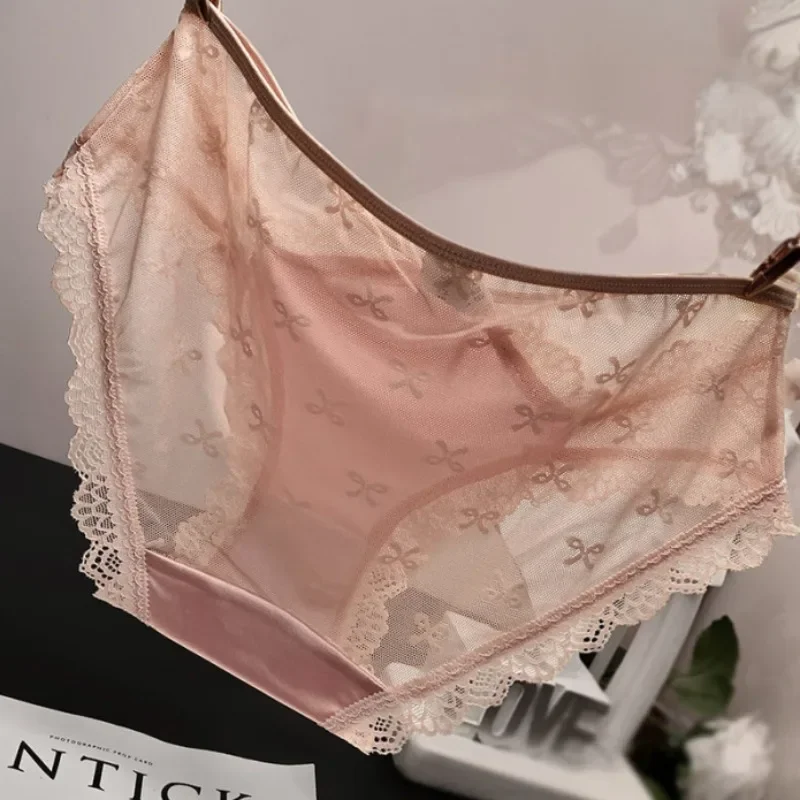 Japanese Style Girl's Hollow Bow Sweet Lace Panties Women's Transparent Pure Cotton Crotch Sexy Thin Briefs Mid-Waist Underwear