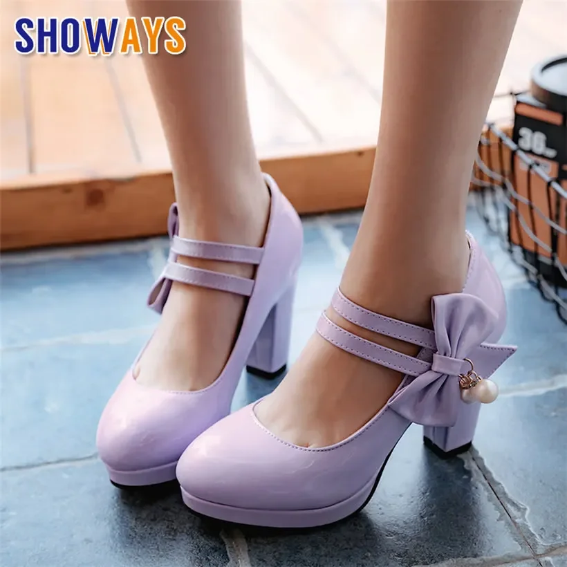 Sweet Mary Janes High Block Heels Purple Patent Leather Casual Wedding Party Office Ladies Bowtie Hook Loop Women Platform Pumps