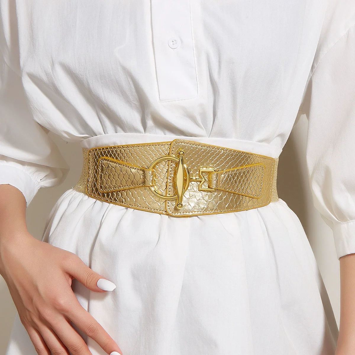 

Women's Gold Silver PU Leather Elastic Corset Female Cummerbund Coat Waistband Dress Decration Wide Belt J924