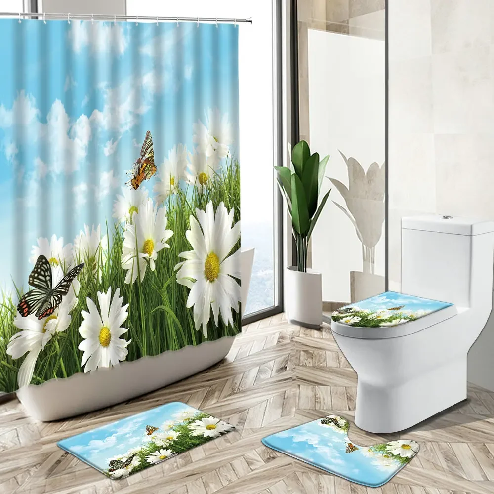 Flower Scenery Shower Curtain Spring Colored Tulip Butterfly Landscape Home Decor Bath Mat Toilet Lid Cover Bathroom Carpet Set