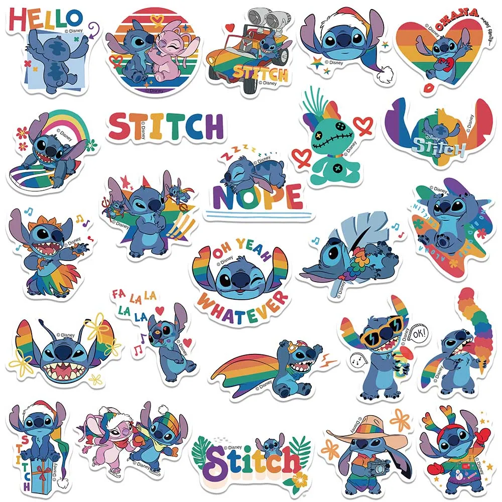 Disney-pegatinas de dibujos animados para niños, 50 piezas, Stitch arcoíris, Graffiti, botella, teléfono, álbum de recortes, diario, motocicleta, juguete