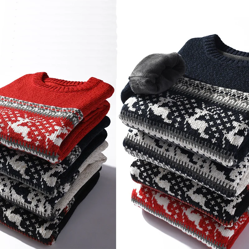 Winter Sweater Male Clothing Thick Fleece Wool Men's Jumpers Pullover Coats Jacquard deer christmas Knitted Men