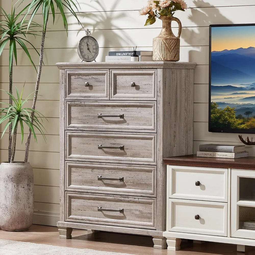 ヴィンテージ45 高さ6段引き出し付きファームハウススタイル木製ドレッサー（寝室用、角脚付き）