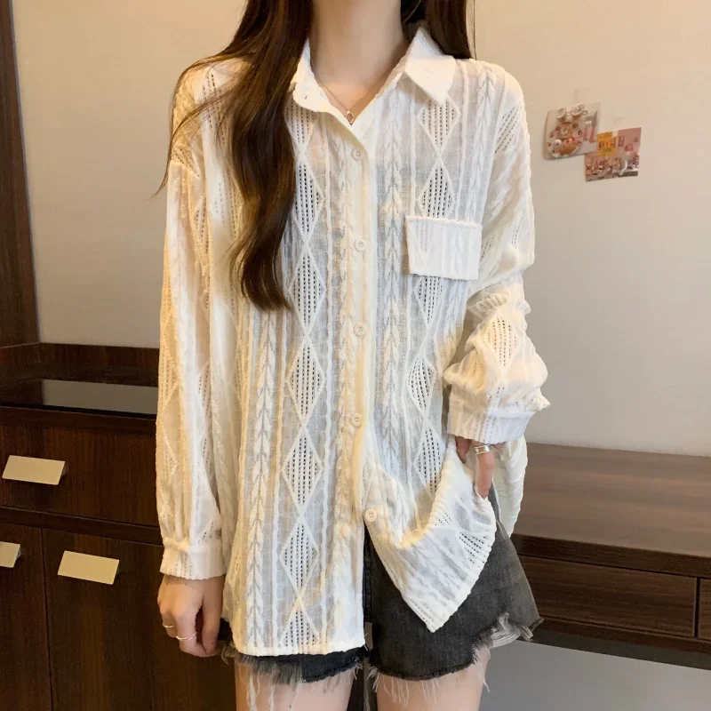 EBAIHUI Hollowed Out Blouses Women White Lapel Design Long Sleeve Blusas Hook Flower Spring Summer Casual Loose Shirts New Tops