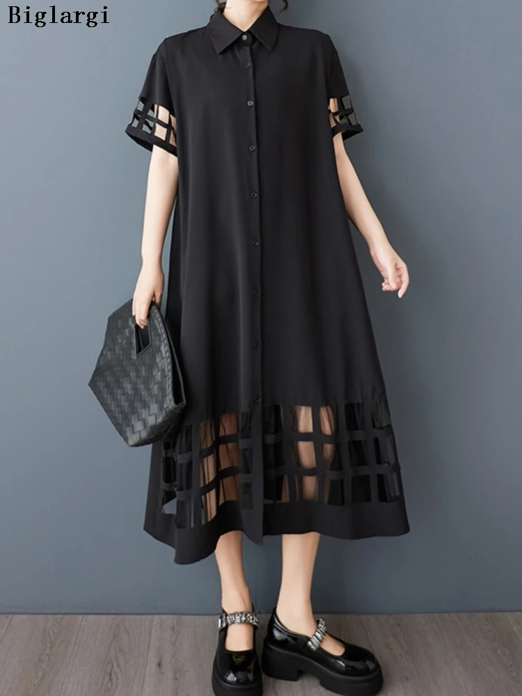 Oversized zomer lange shirtjurk dames mesh uitgehold modis damesjurken met korte mouwen losse damesjurk